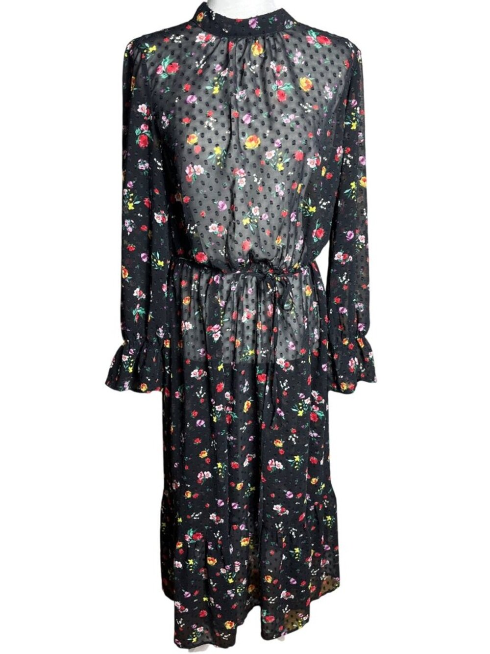 Whimsigoth Dark Fairy Sheer Dress Floral Burnout Dots Blouson Goth Maxi Wom S/M